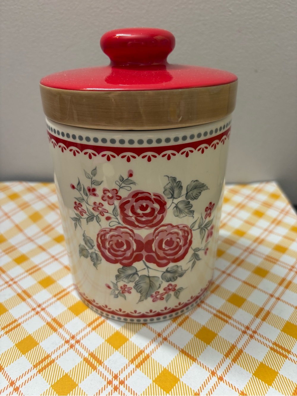 Cream Ceramic Canister with Red Floral Design